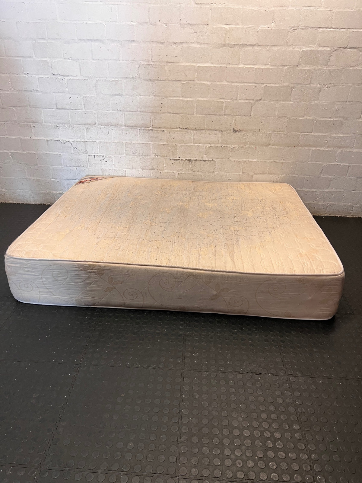 Quilted Beige Queen Mattress — Good Working Order – back view