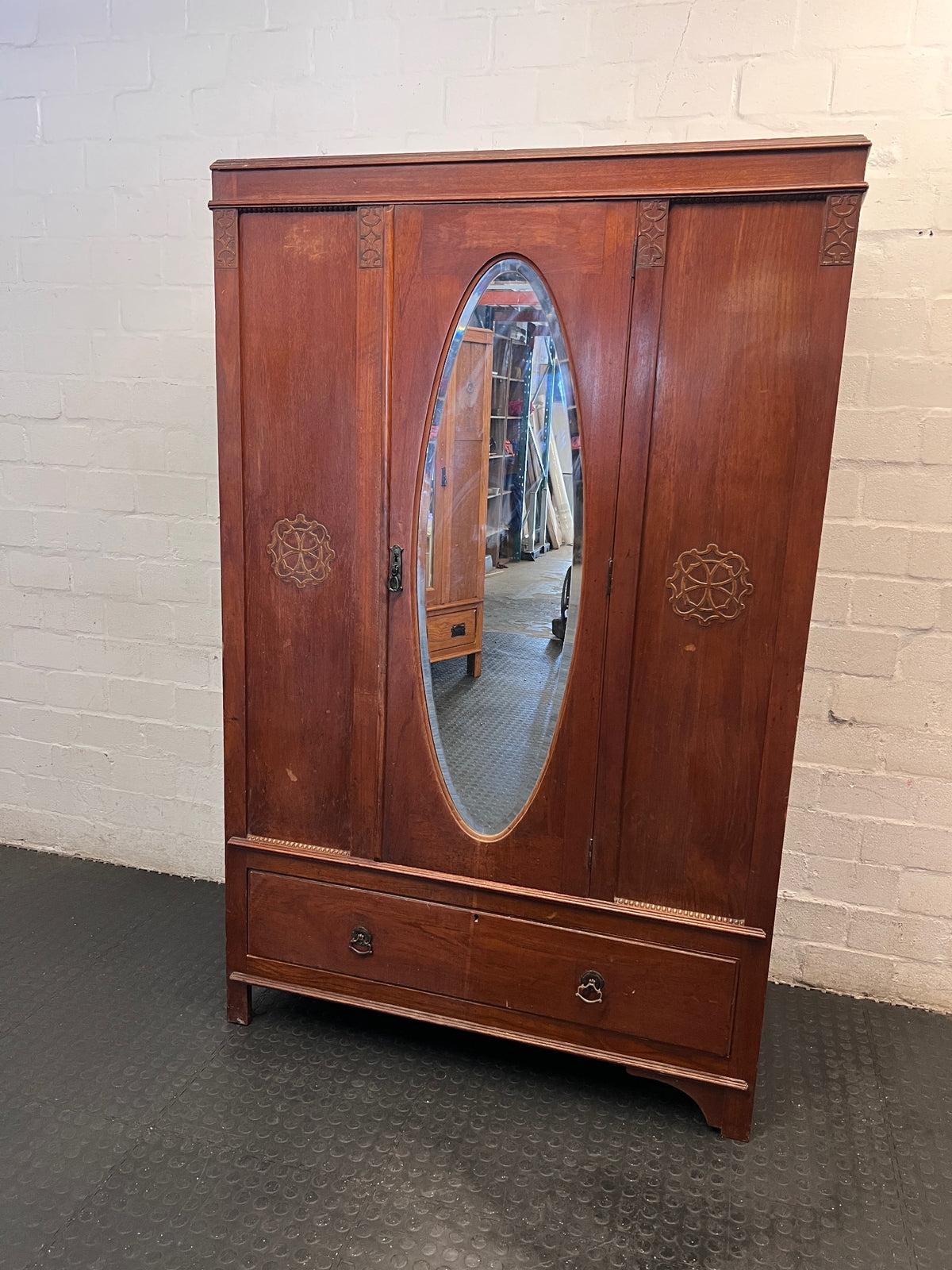Art Deco Style 3-Door Wardrobe with Oval Mirror — Good Working Order – main front view