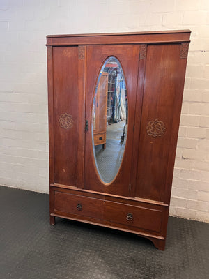 Art Deco Style 3-Door Wardrobe with Oval Mirror — Good Working Order – main front view