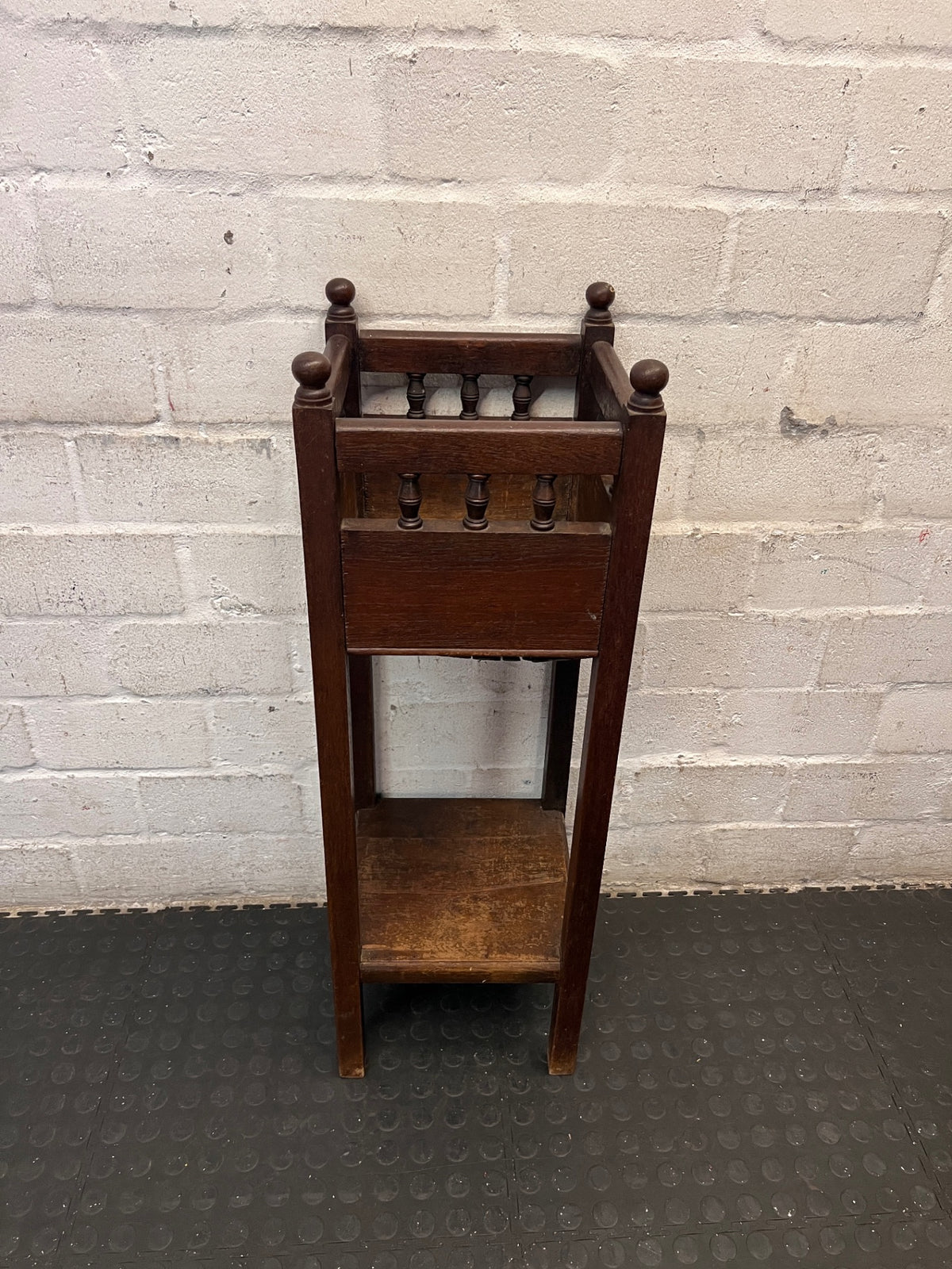 Tall Vintage Style Wooden Planter Stand with Lower Shelf – back view