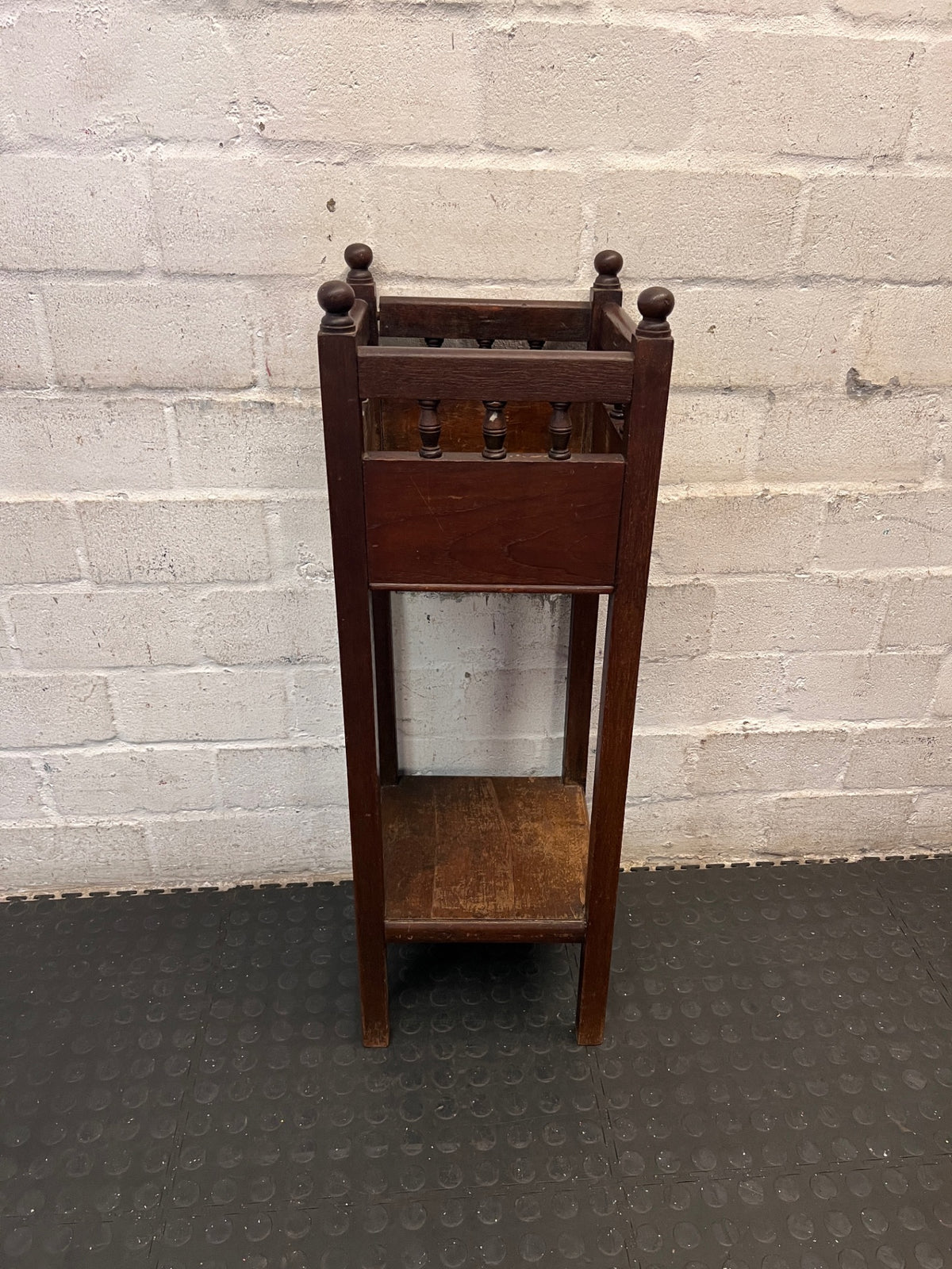 Tall Vintage Style Wooden Planter Stand with Lower Shelf – side view