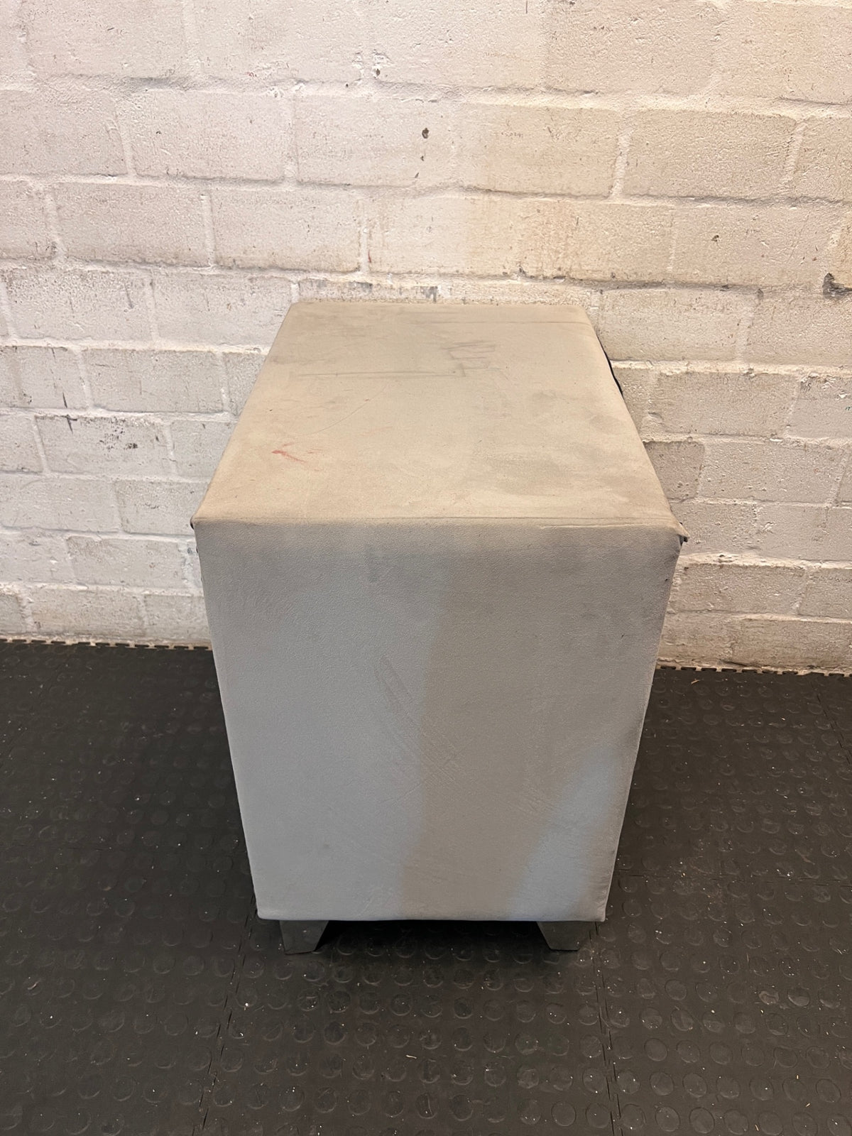 Upholstered Two-Tone Bedside Table with Stud Detail – back view
