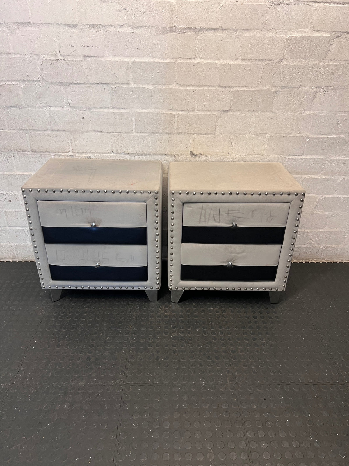 Upholstered Two-Tone Bedside Table with Stud Detail – condition detail