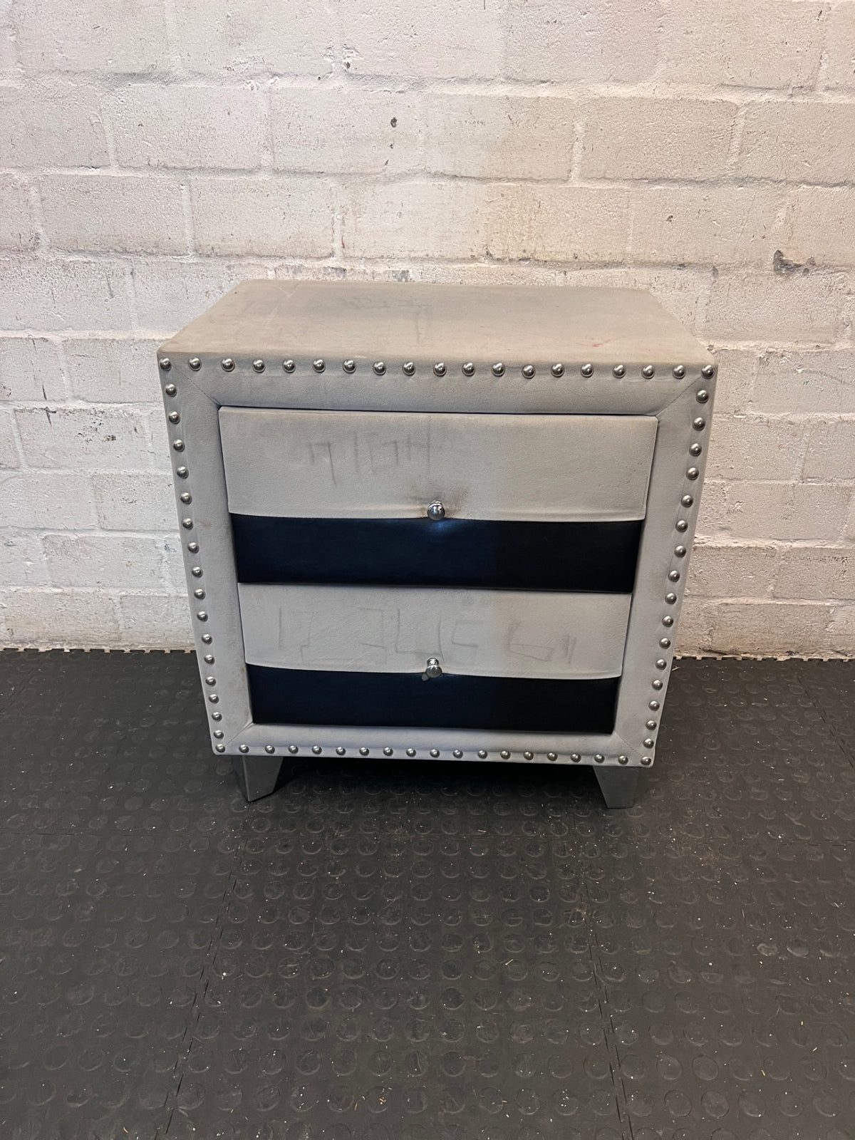 Upholstered Two-Tone Bedside Table with Stud Detail – main front view