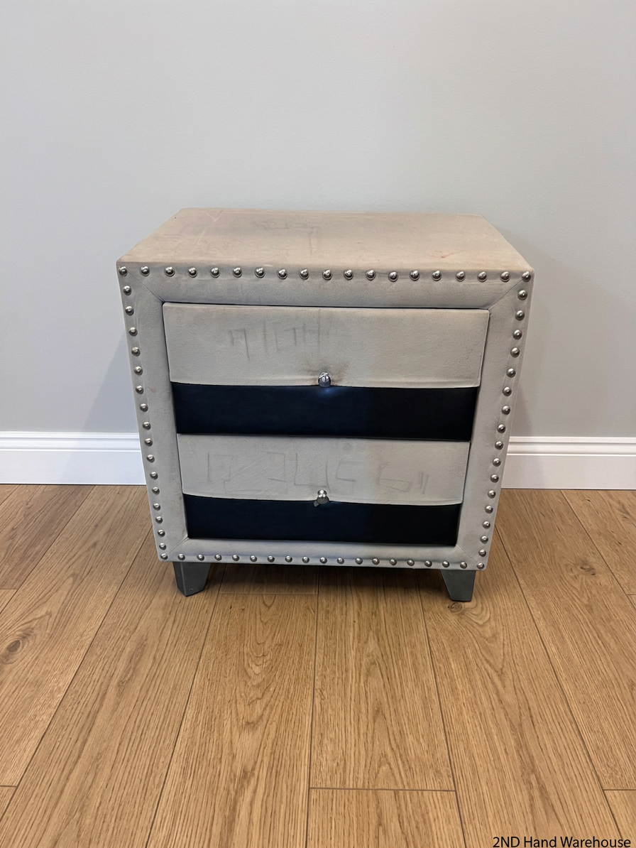 Upholstered Two-Tone Bedside Table with Stud Detail – styled product image