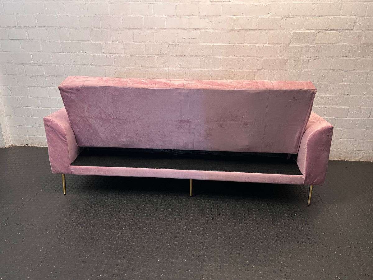 Pink Velvet 3 Seater Sleeper Couch with Gold Legs — Brand New in Packaging – back view