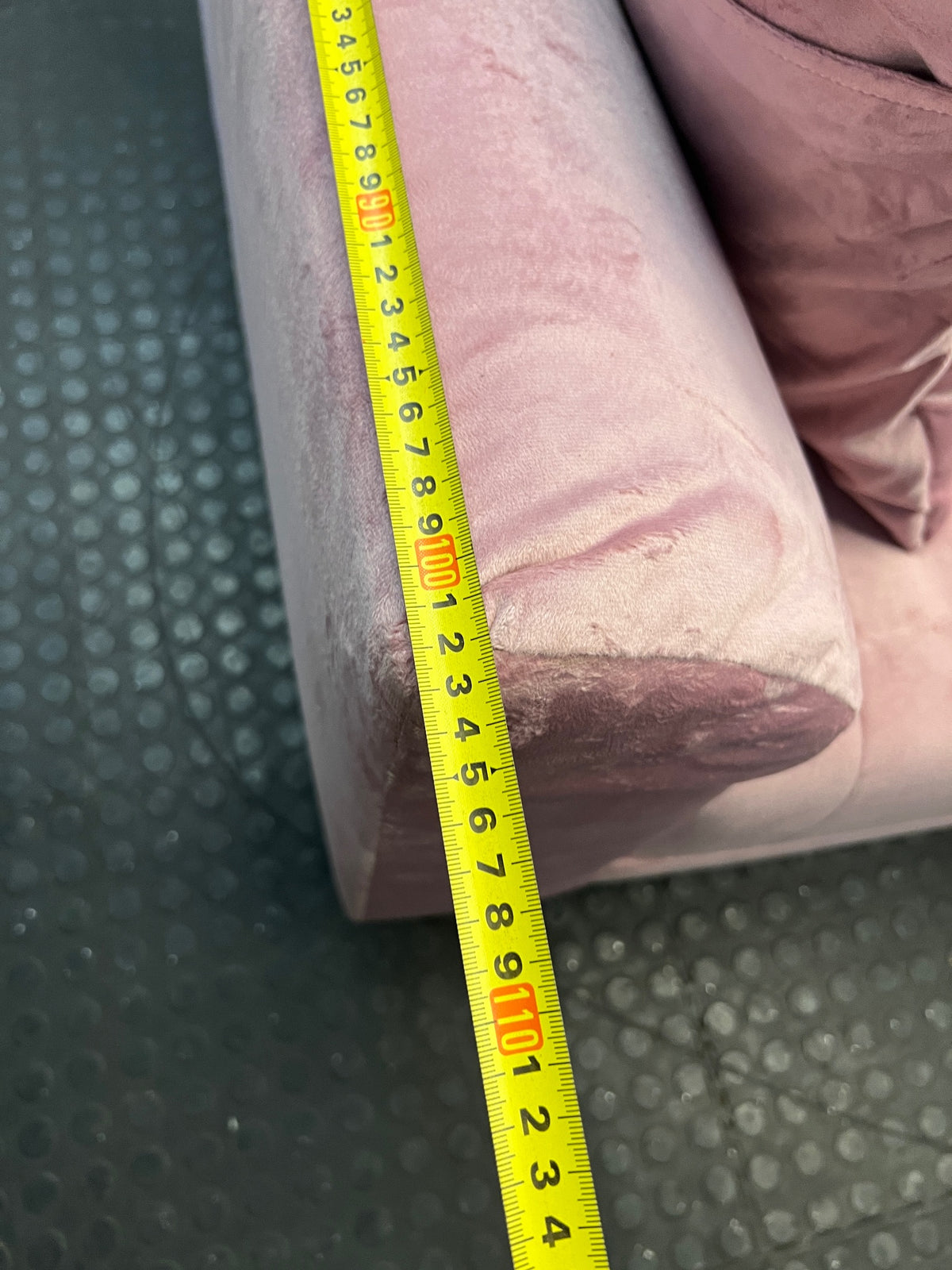 Pink Velvet 3 Seater Sleeper Couch with Gold Legs — Brand New in Packaging – depth measurement