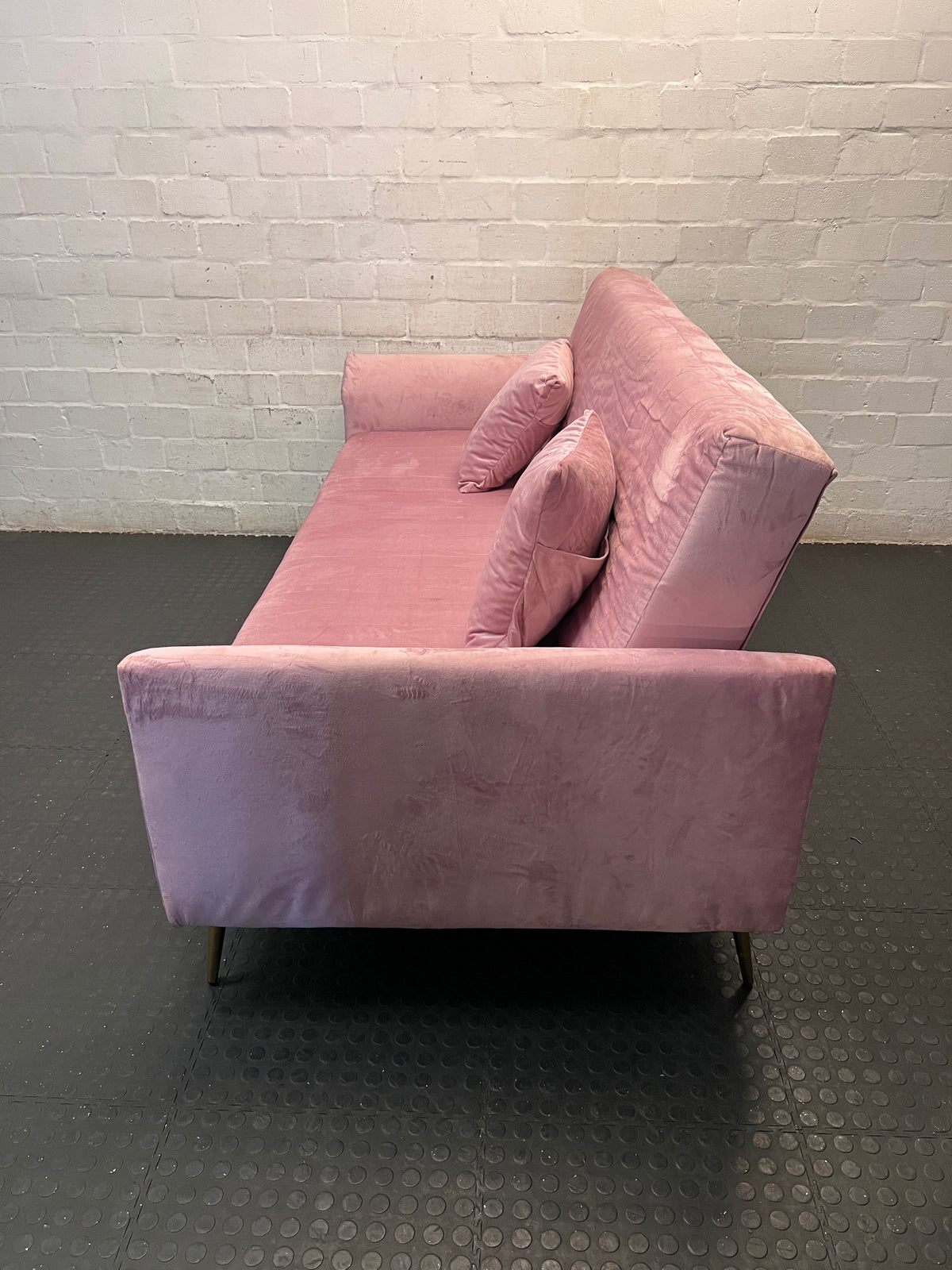 Pink Velvet 3 Seater Sleeper Couch with Gold Legs — Brand New in Packaging – side view