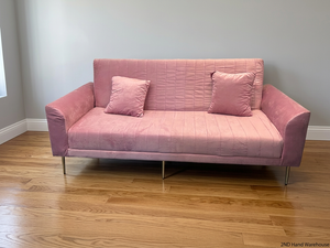 Pink Velvet 3 Seater Sleeper Couch with Gold Legs — Brand New in Packaging – styled product image