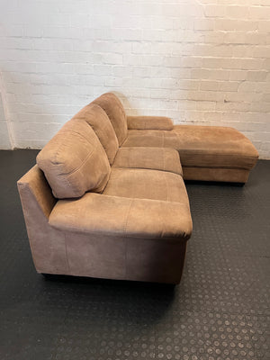 Light Brown L-Shape Suede Couch with Chaise — Good Working Order – back view