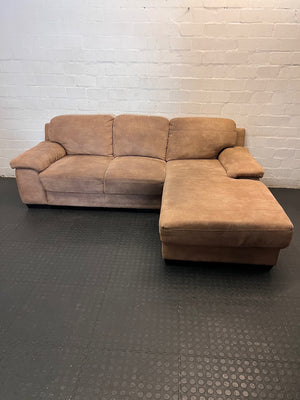 Light Brown L-Shape Suede Couch with Chaise — Good Working Order – main front view