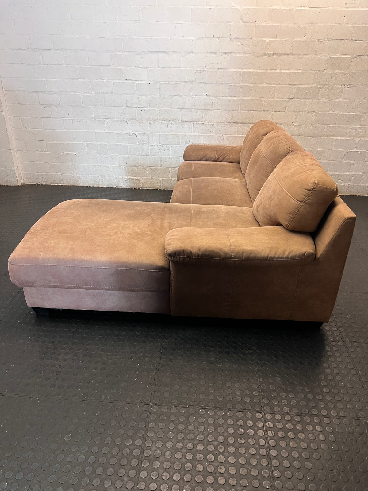 Light Brown L-Shape Suede Couch with Chaise — Good Working Order – side view