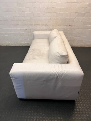 Modern White Leather 3 Seater Couch — Well Used With Significant Surface Wear – side view