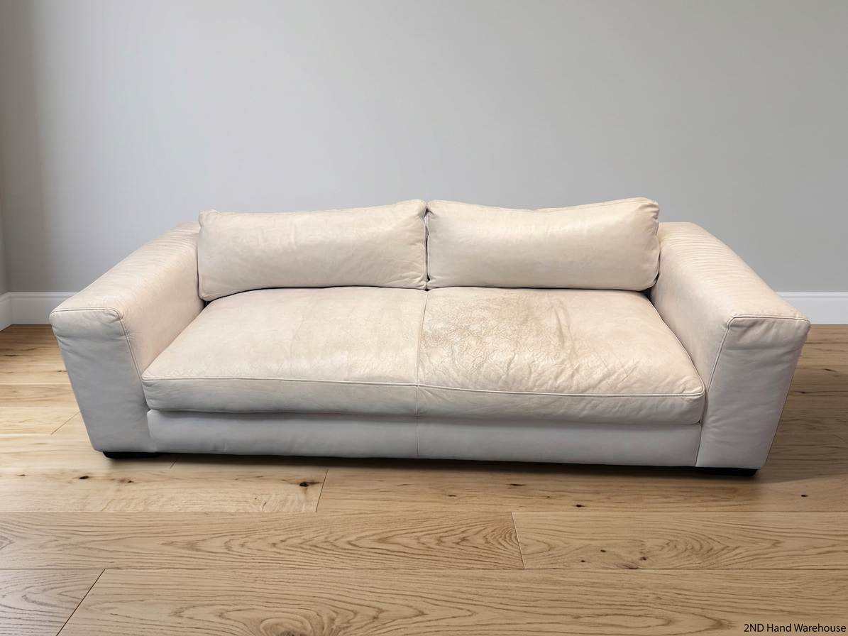 Modern White Leather 3 Seater Couch — Well Used With Significant Surface Wear – styled product image