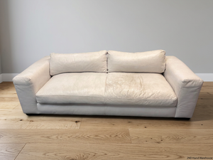 Modern White Leather 3 Seater Couch — Well Used With Significant Surface Wear – styled product image