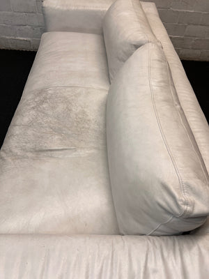 Modern White Leather 3 Seater Couch — Well Used With Significant Surface Wear – top view