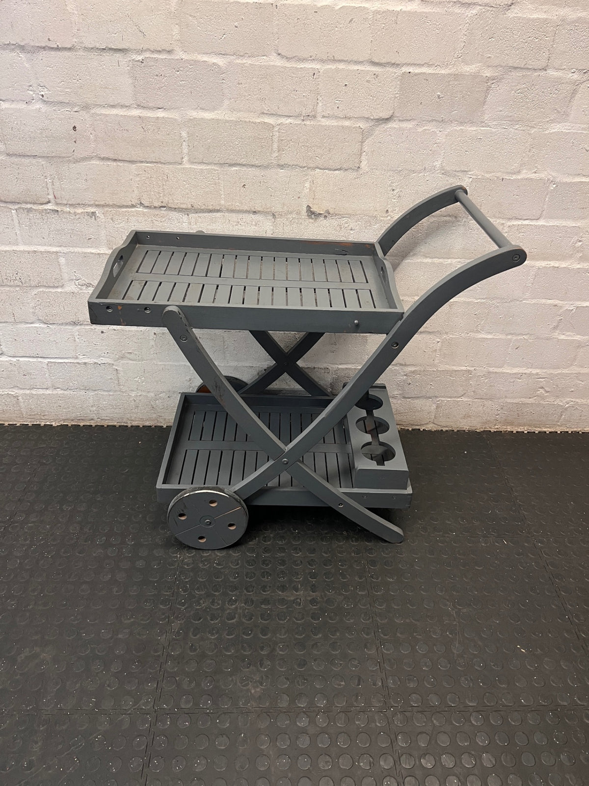 Grey Wooden Two-Tier Serving Trolley with Bottle Holder — Used; Fair Condition – main front view