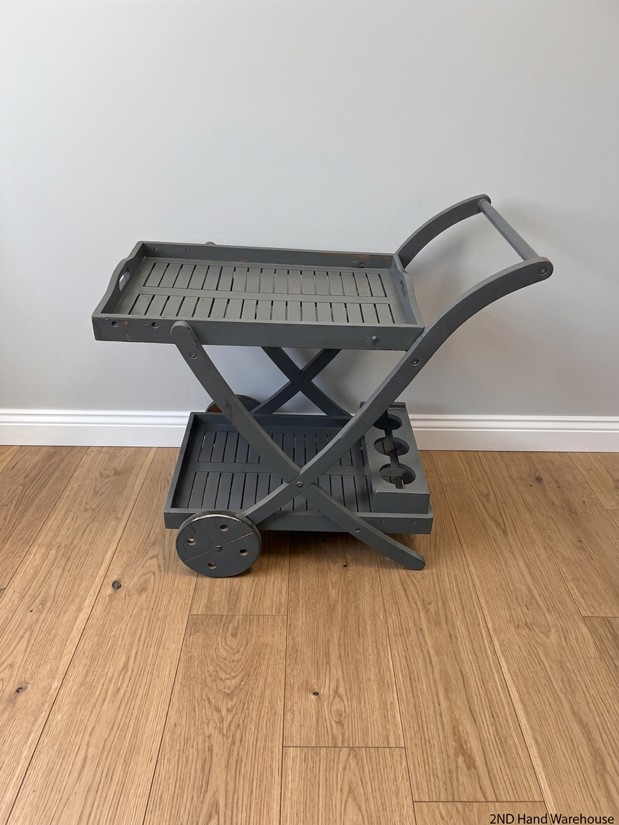 Grey Wooden Two-Tier Serving Trolley with Bottle Holder — Used; Fair Condition