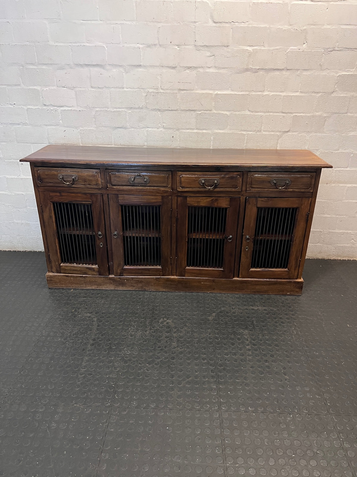 Large 4-Door Wooden Sideboard with Slatted Detail — Good Condition – main front view