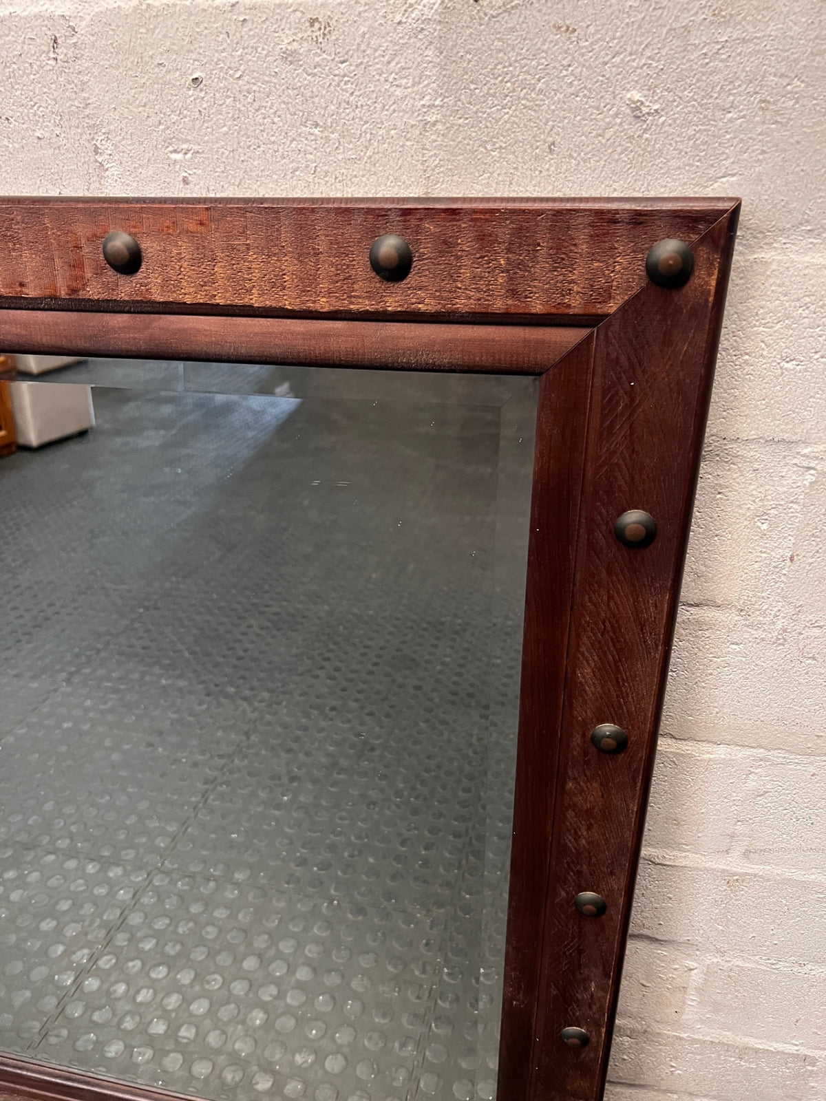 Large Wooden Mirror with Industrial Metal Studs — Fair Used Condition – back view