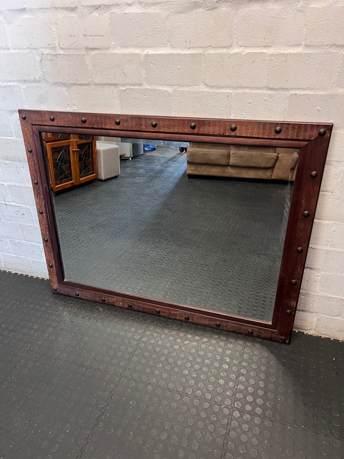 Large Wooden Mirror with Industrial Metal Studs — Fair Used Condition – main front view