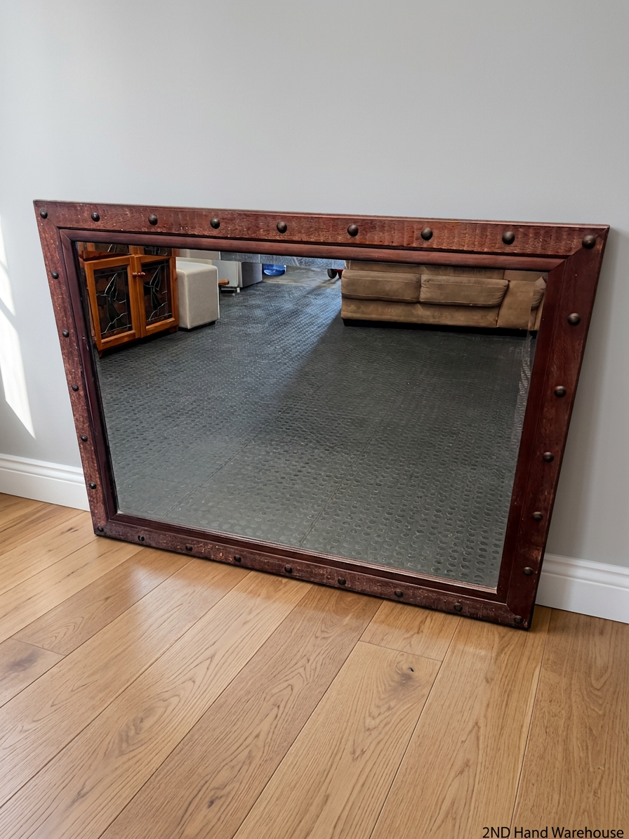 Large Wooden Mirror with Industrial Metal Studs — Fair Used Condition