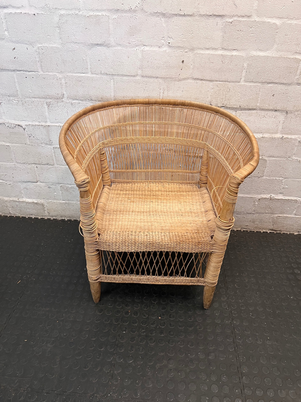 Woven Wicker Tub Chair — Well Used Condition – main front view