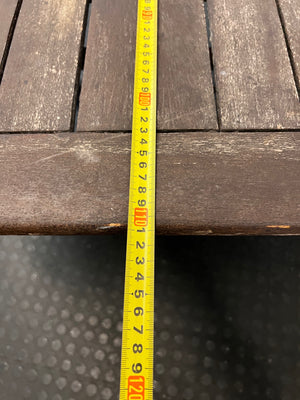 Hexagonal Slatted Wood Outdoor Table with Parasol Hole — Well Used with Faded Surface Finish – depth measurement
