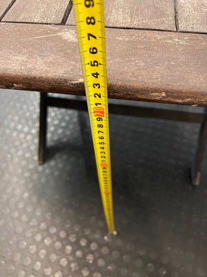 Hexagonal Slatted Wood Outdoor Table with Parasol Hole — Well Used with Faded Surface Finish – height measurement