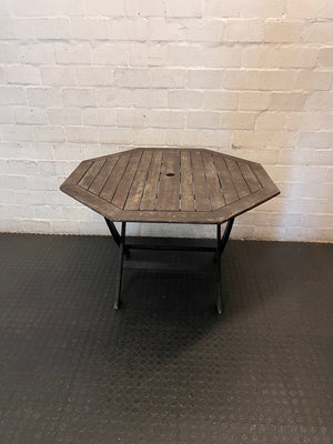 Hexagonal Slatted Wood Outdoor Table with Parasol Hole — Well Used with Faded Surface Finish – main front view