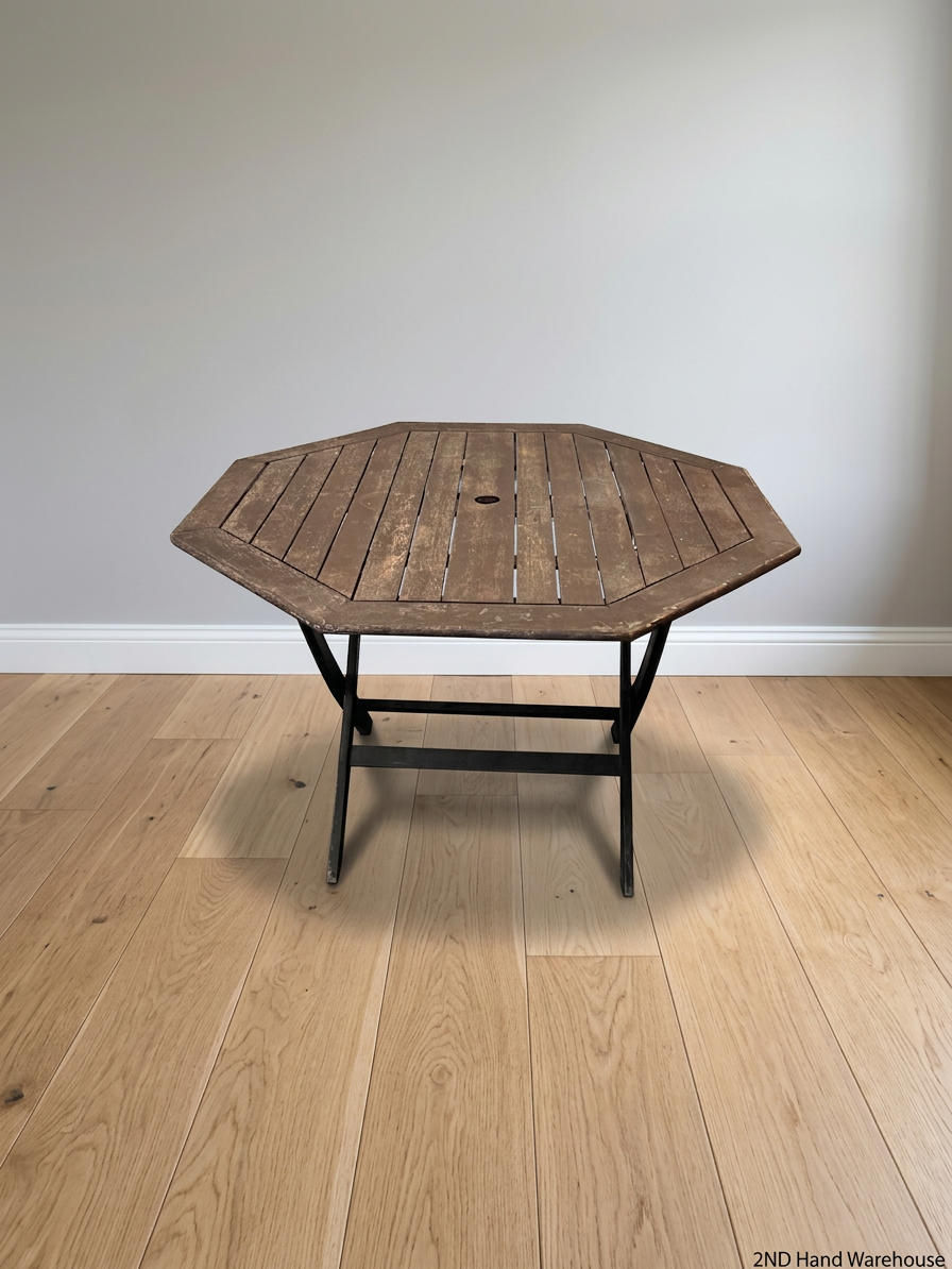 Hexagonal Slatted Wood Outdoor Table with Parasol Hole — Well Used with Faded Surface Finish – styled product image