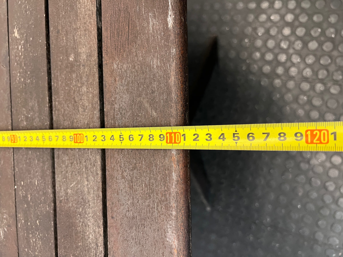 Hexagonal Slatted Wood Outdoor Table with Parasol Hole — Well Used with Faded Surface Finish – width measurement
