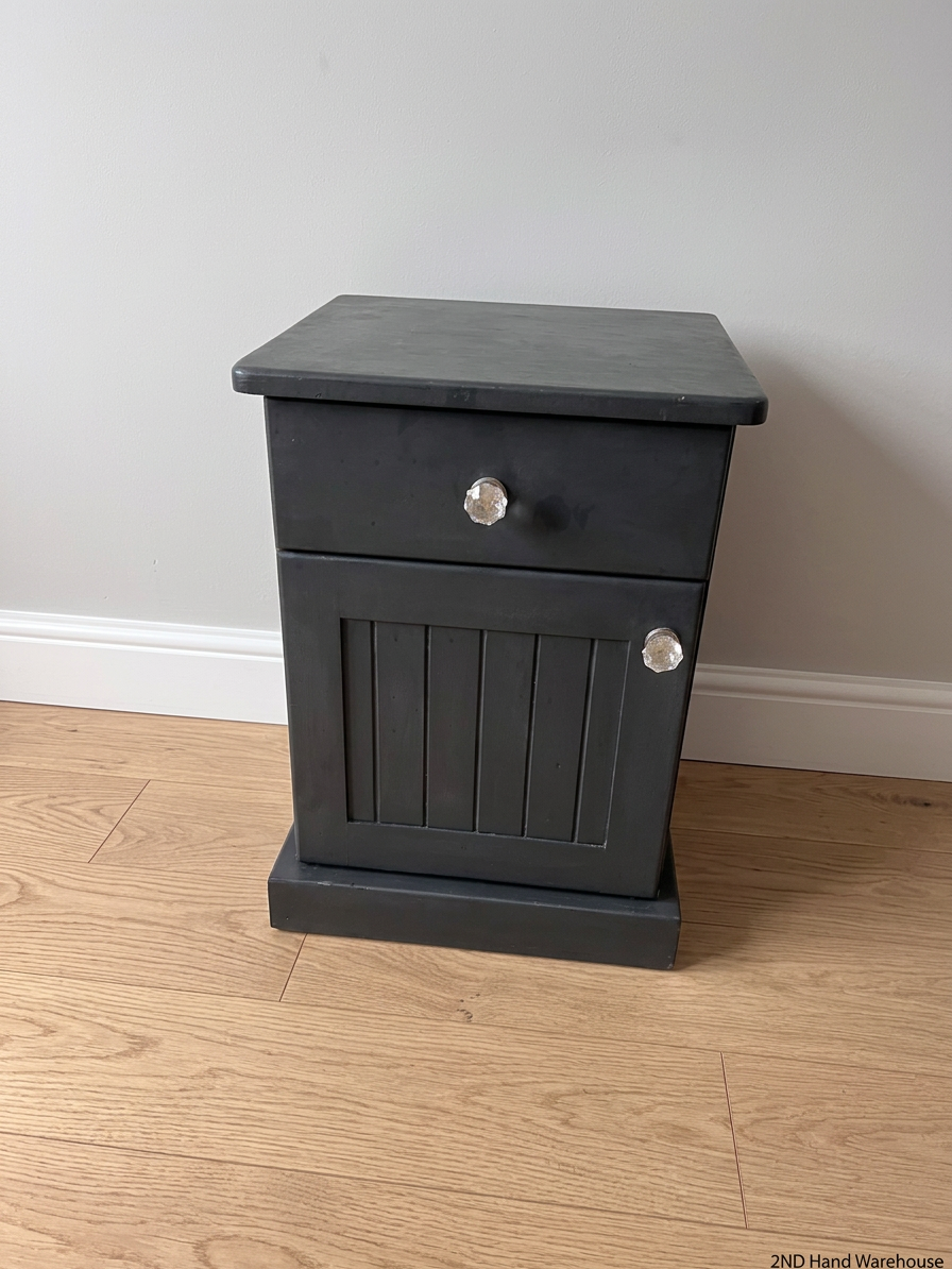 Charcoal Grey Bedside Table with Crystal Knobs — Well Used Condition