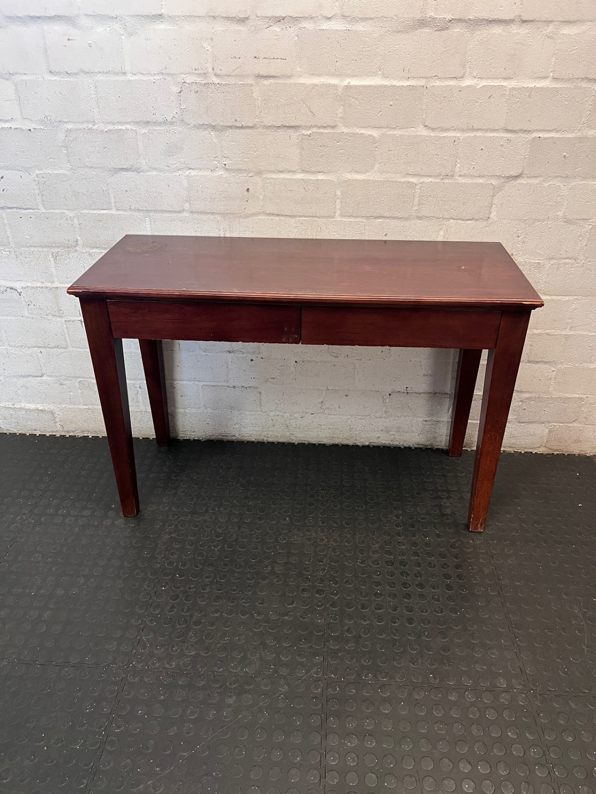 Vintage Brown Wood Office Desk with Two Drawers — Fair Used Condition – main front view