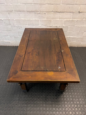 Classic Wooden Coffee Table with Recessed Panel — Visible Wear and Surface Scuffs – back view