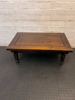 Classic Wooden Coffee Table with Recessed Panel — Visible Wear and Surface Scuffs – condition detail