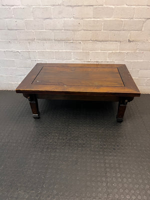 Classic Wooden Coffee Table with Recessed Panel — Visible Wear and Surface Scuffs – main front view