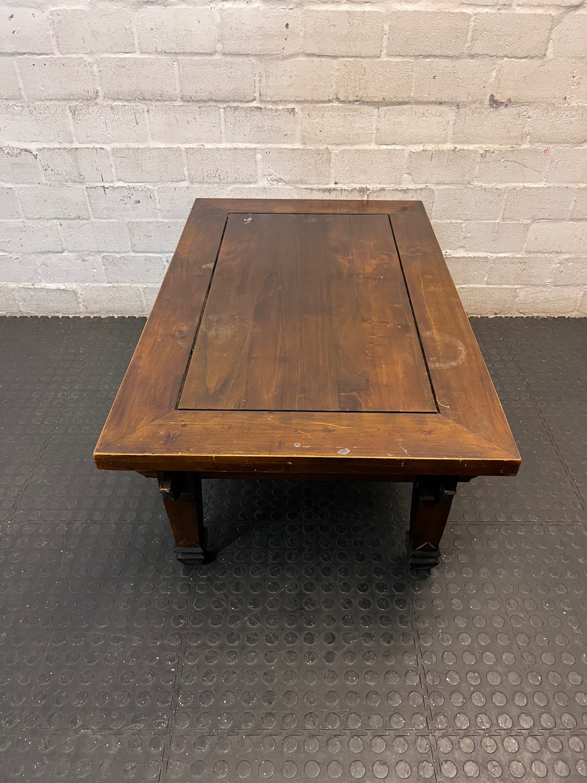 Classic Wooden Coffee Table with Recessed Panel — Visible Wear and Surface Scuffs – side view
