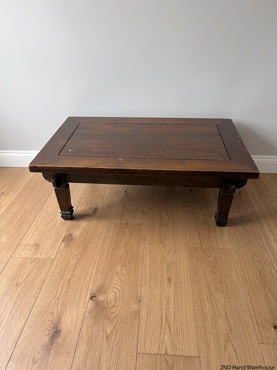 Classic Wooden Coffee Table with Recessed Panel — Visible Wear and Surface Scuffs – styled product image
