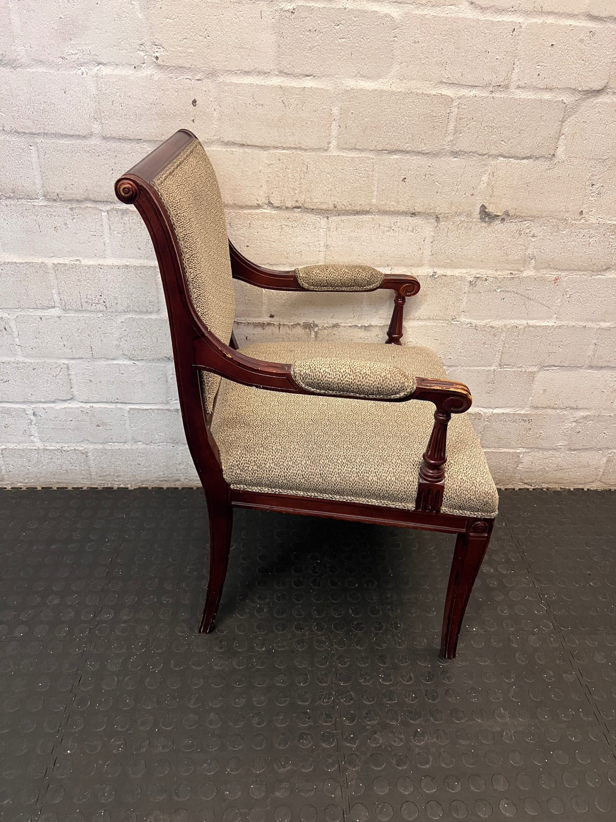 Vintage Wood Armchair with Speckled Upholstery — Visible Wear to Timber Frame – back view