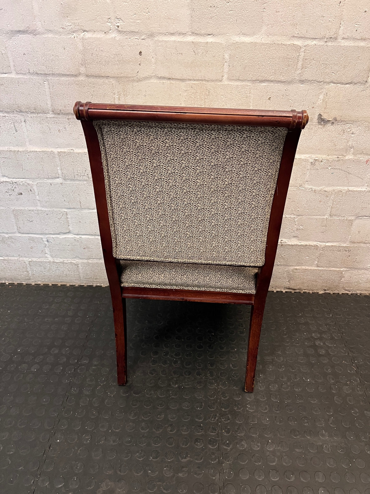 Vintage Wood Armchair with Speckled Upholstery — Visible Wear to Timber Frame – condition detail