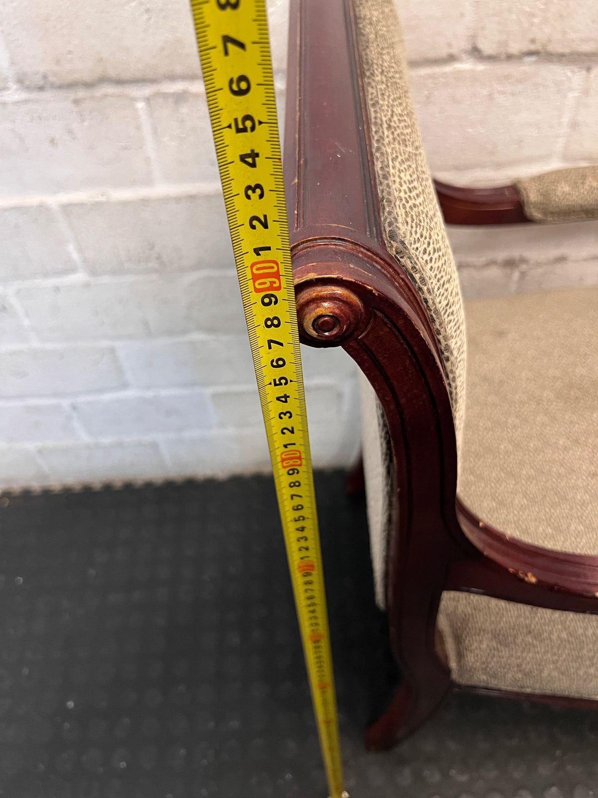 Vintage Wood Armchair with Speckled Upholstery — Visible Wear to Timber Frame – height measurement