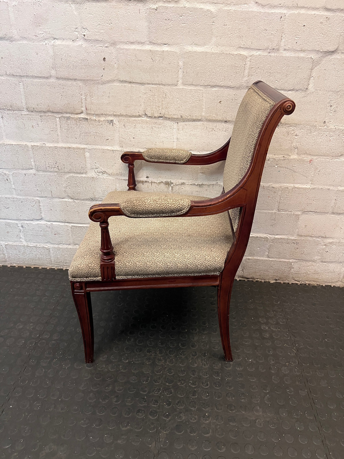 Vintage Wood Armchair with Speckled Upholstery — Visible Wear to Timber Frame – side view