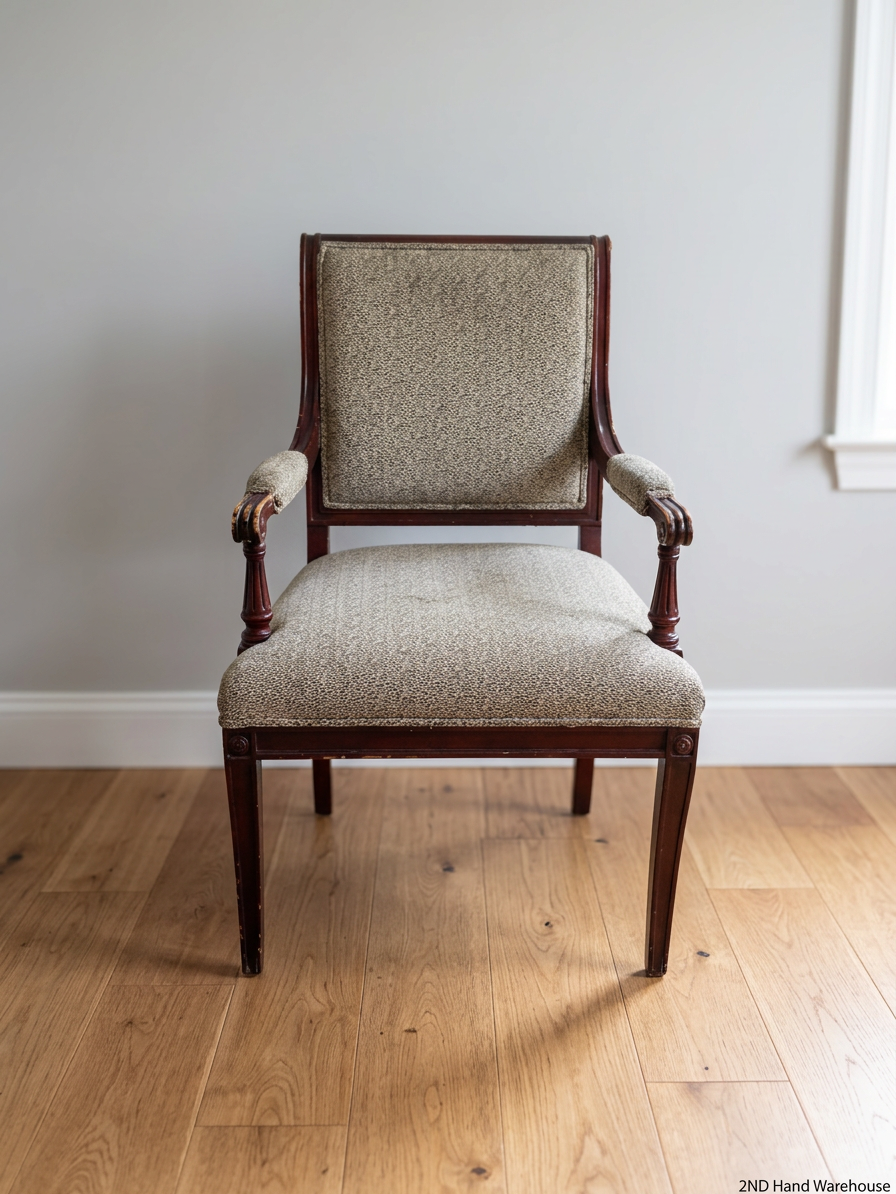 Vintage Wood Armchair with Speckled Upholstery — Visible Wear to Timber Frame – styled product image