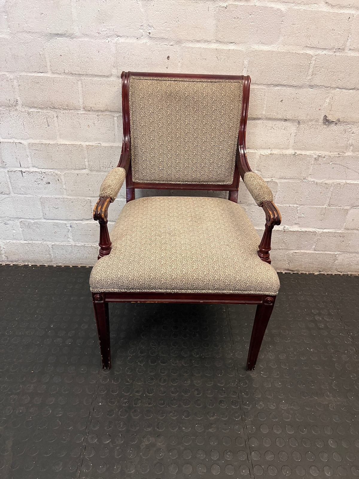 Vintage Wood Armchair with Speckled Upholstery — Visible Wear to Timber Frame – top view