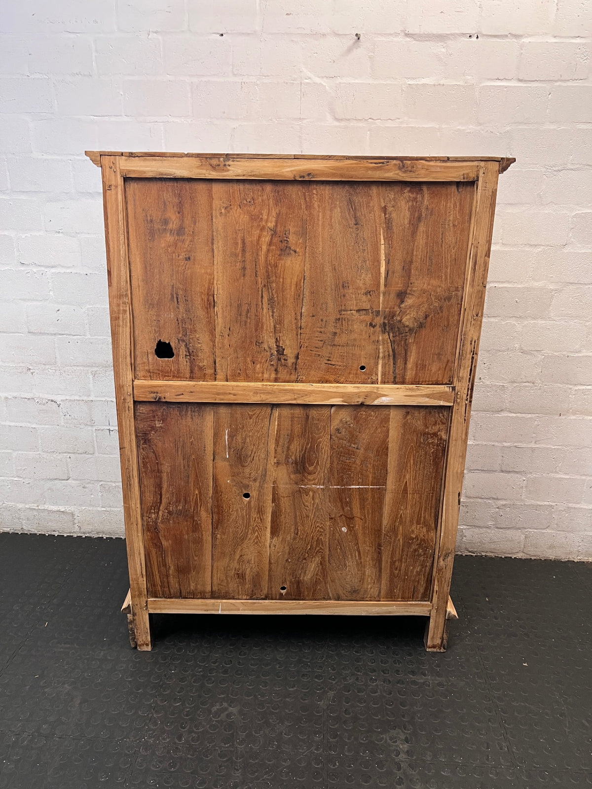 Vintage Slatted Wooden Cabinet with Drawers — Fair Used Condition – back view