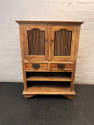 Vintage Slatted Wooden Cabinet with Drawers — Fair Used Condition – main front view