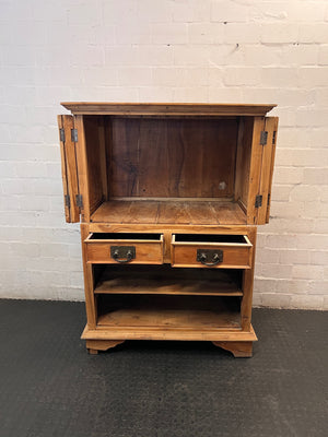 Vintage Slatted Wooden Cabinet with Drawers — Fair Used Condition – side view