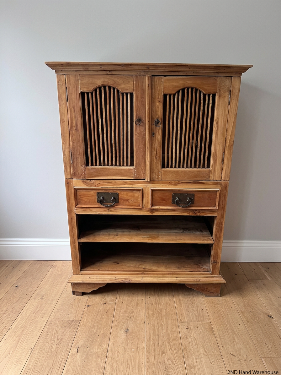 Vintage Slatted Wooden Cabinet with Drawers — Fair Used Condition – styled product image