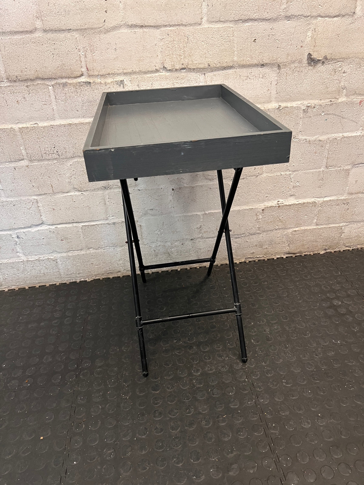 Grey Wooden Tray Table on Metal Folding Stand — Well Used Condition – back view
